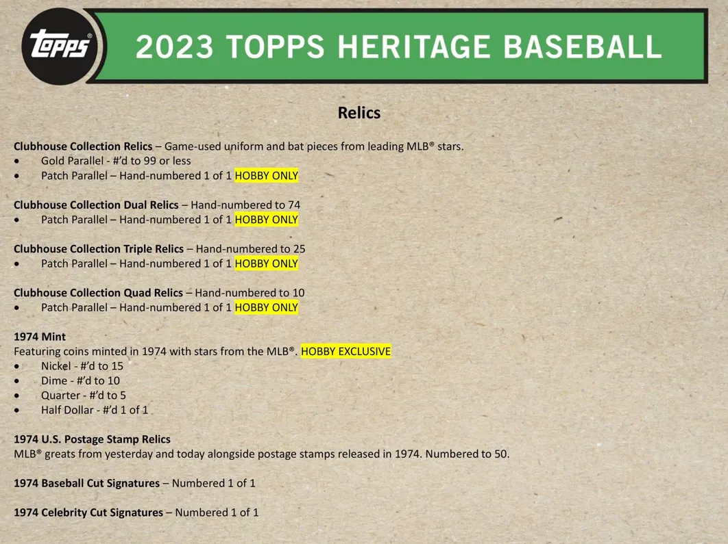 2023 Topps Heritage Baseball Hobby Box 24 Packs per Box, 9 Cards per Pack