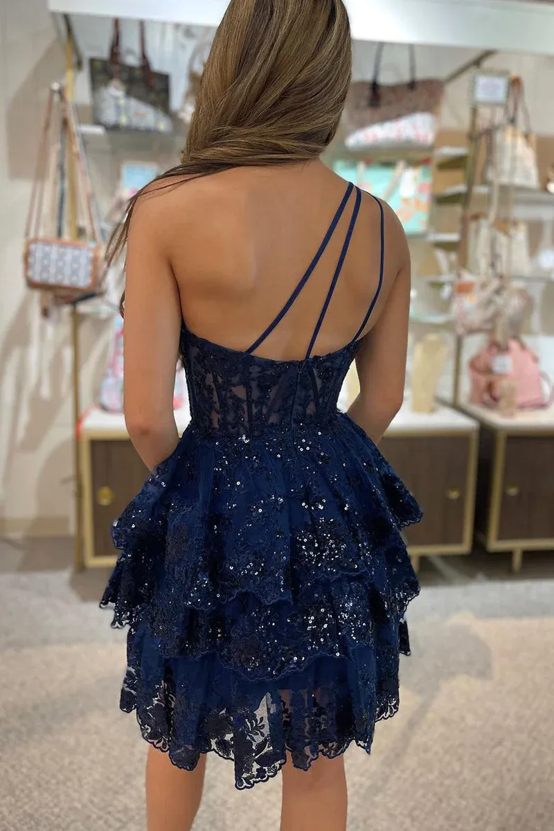 A Line One Shoulder Navy Tiered Lace Short Homecoming Dress Y2820