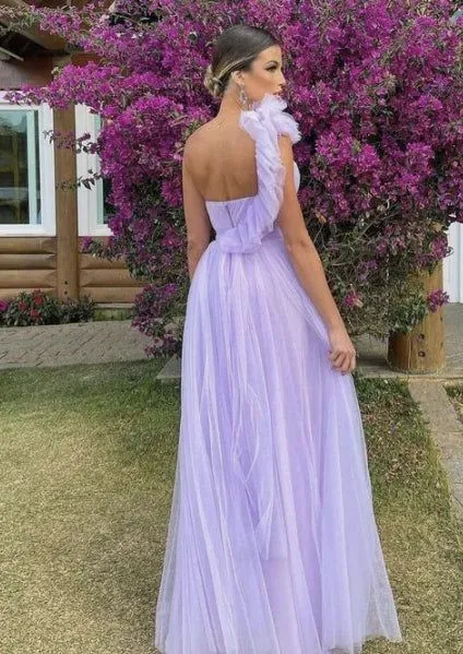 A-line Tulle Purple Long Prom Dress , Unique Formal Party Dress Y5615