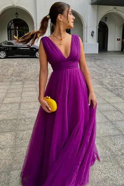 A-line V-neck Strap Sleeveless Floor-length Prom Dress Y1891