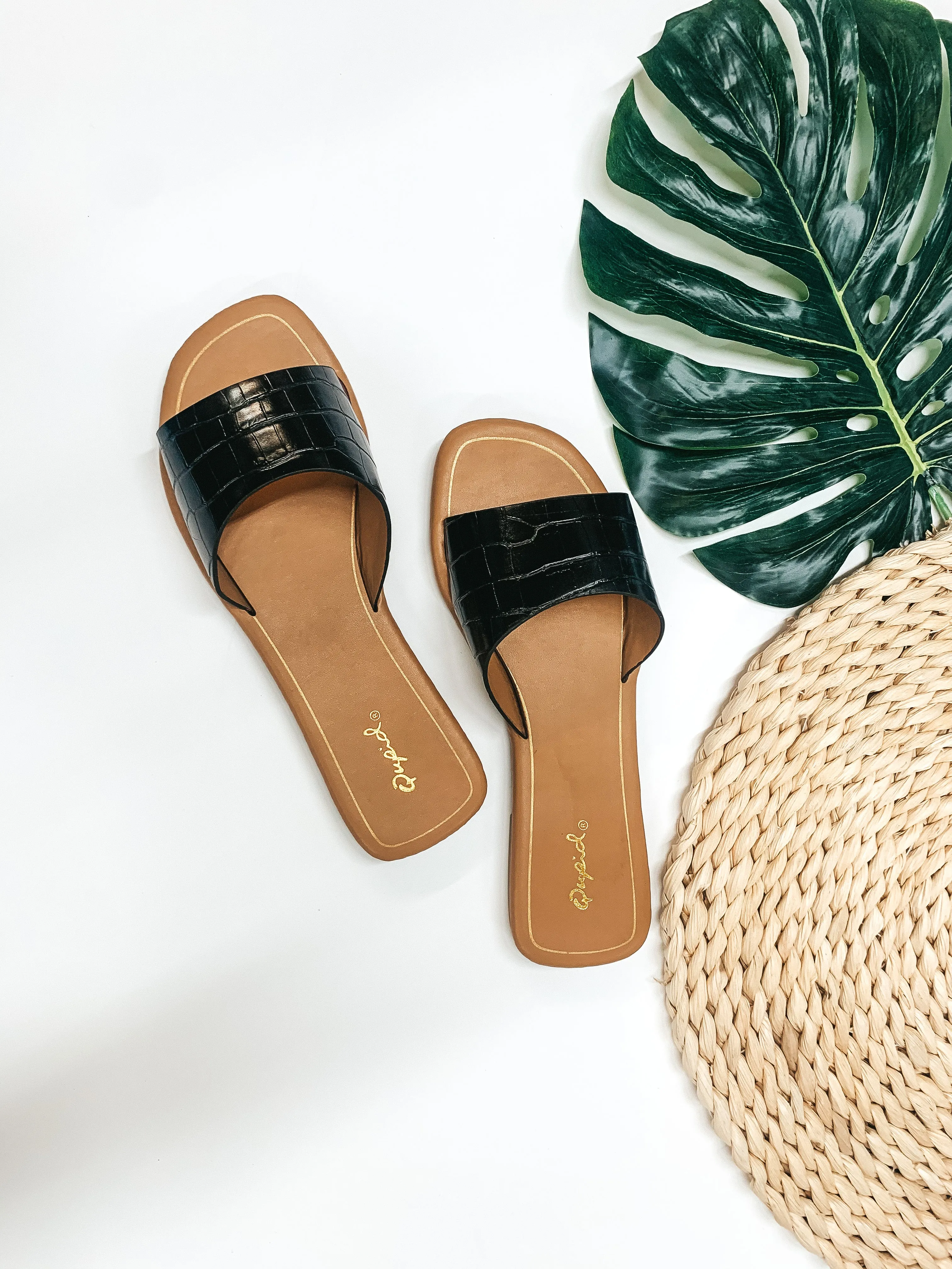 Always in the Lead Crocodile Slide On Sandals in Black