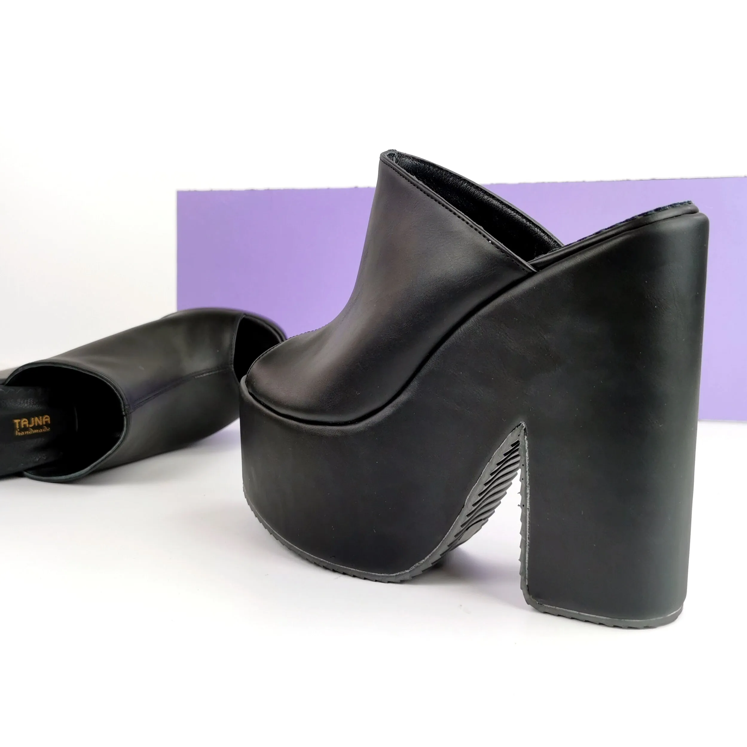 Black Matte Open Toe Wedge Platform Mules