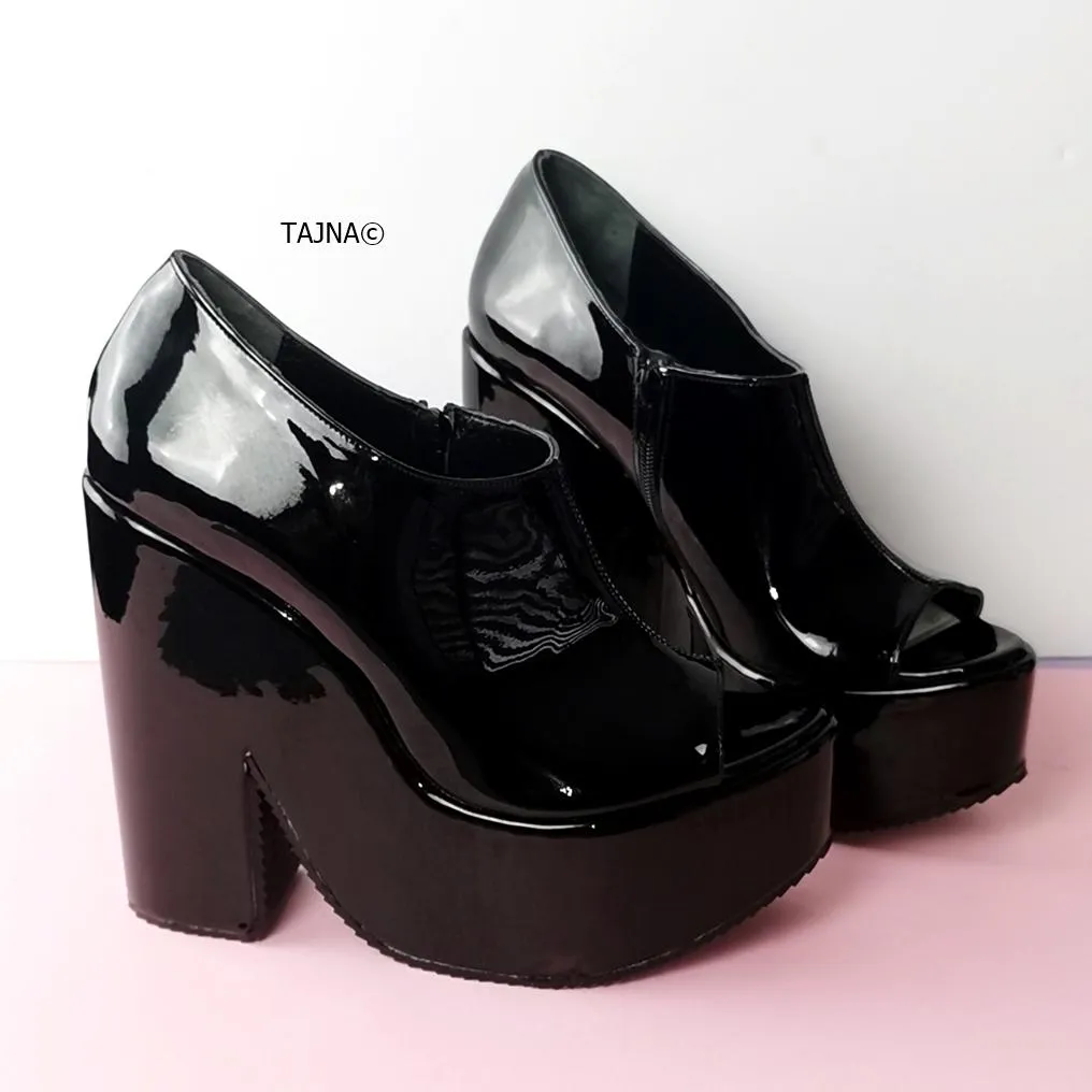 Black Patent Peep Toe Ankle Wedges