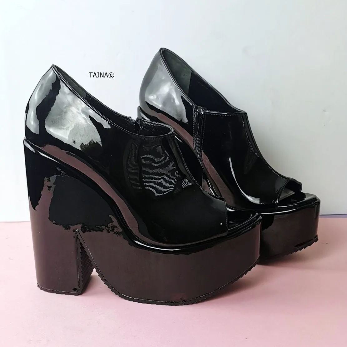 Black Patent Peep Toe Ankle Wedges