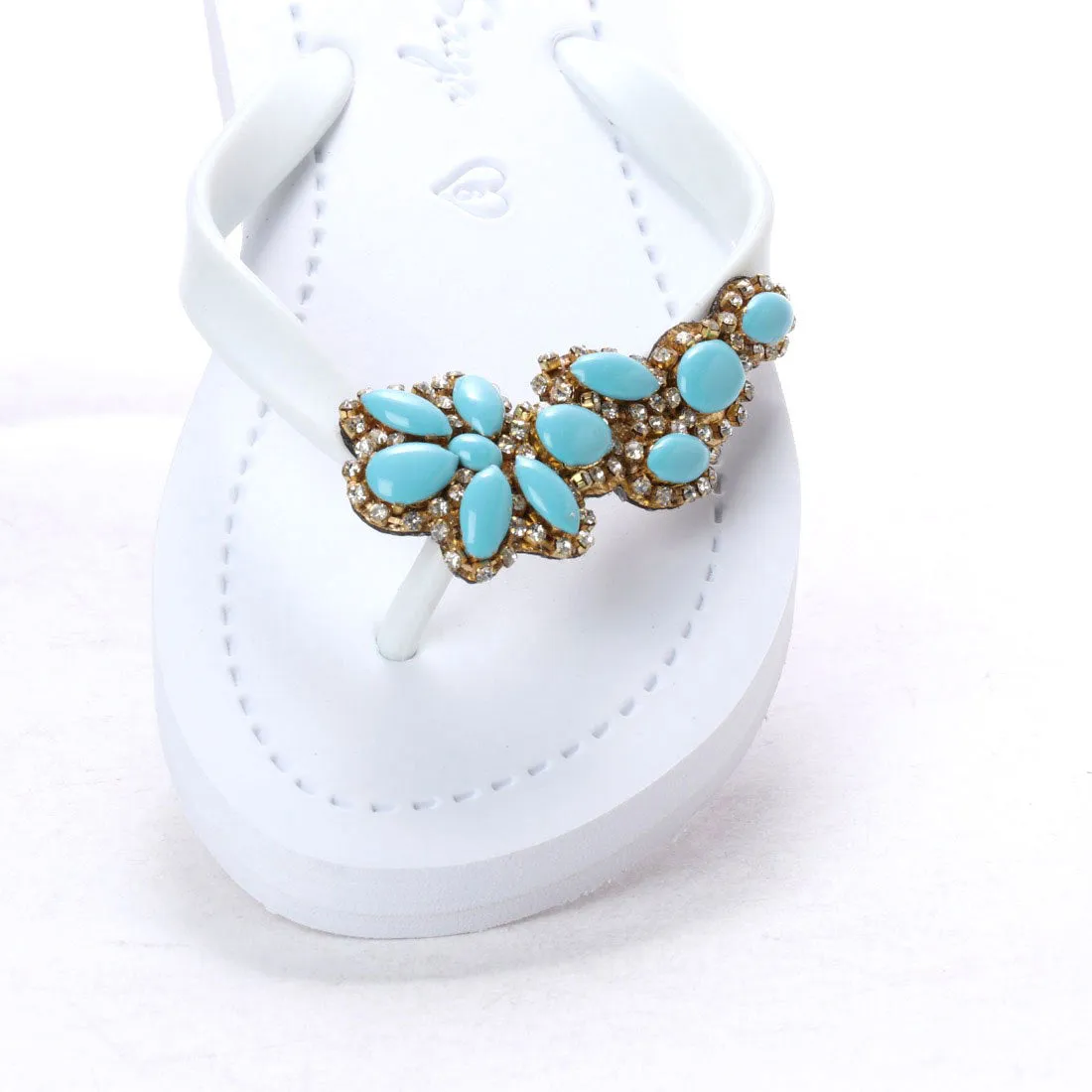 Brooklyn Turquoise Blue Flower - Crystal Rhine Stone Embellished Women's Flat Flip Flops Sandal