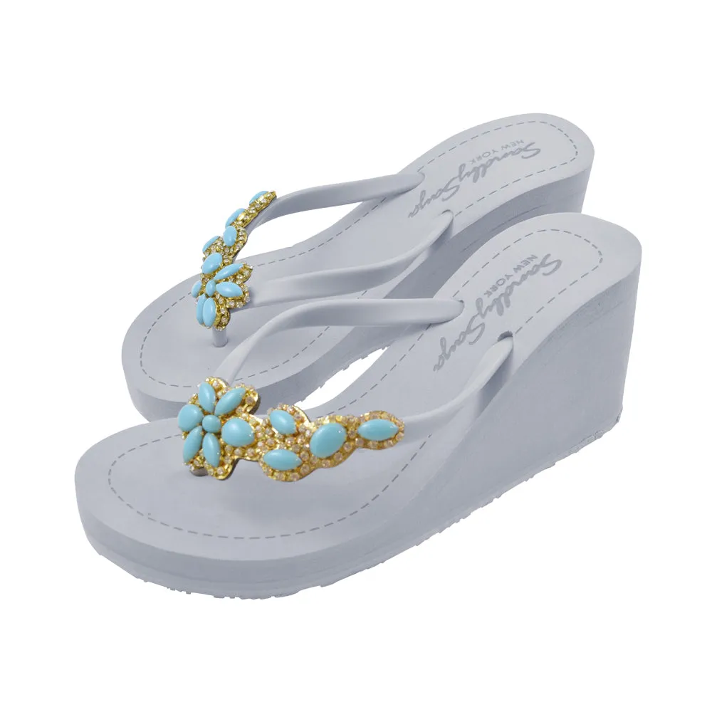 Brooklyn Turquoise Flower - Rhine Stone Embellished Women's High Wedge Flip Flops Sandal