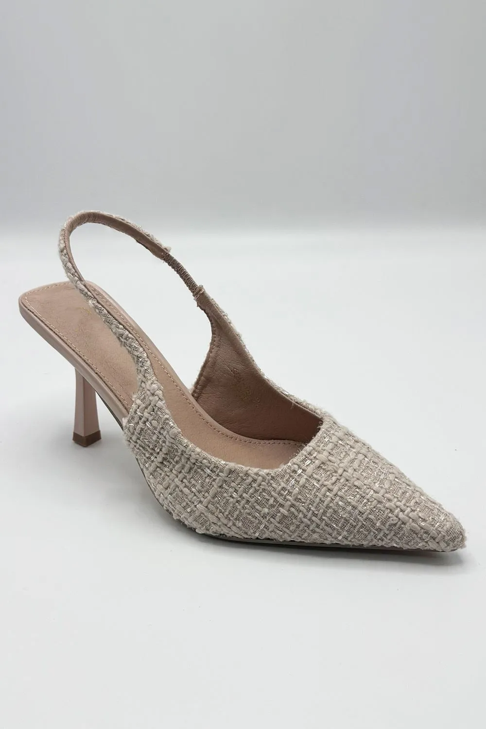 Cher Pointed Toe Tweed Sling back Court Shoe in Nude