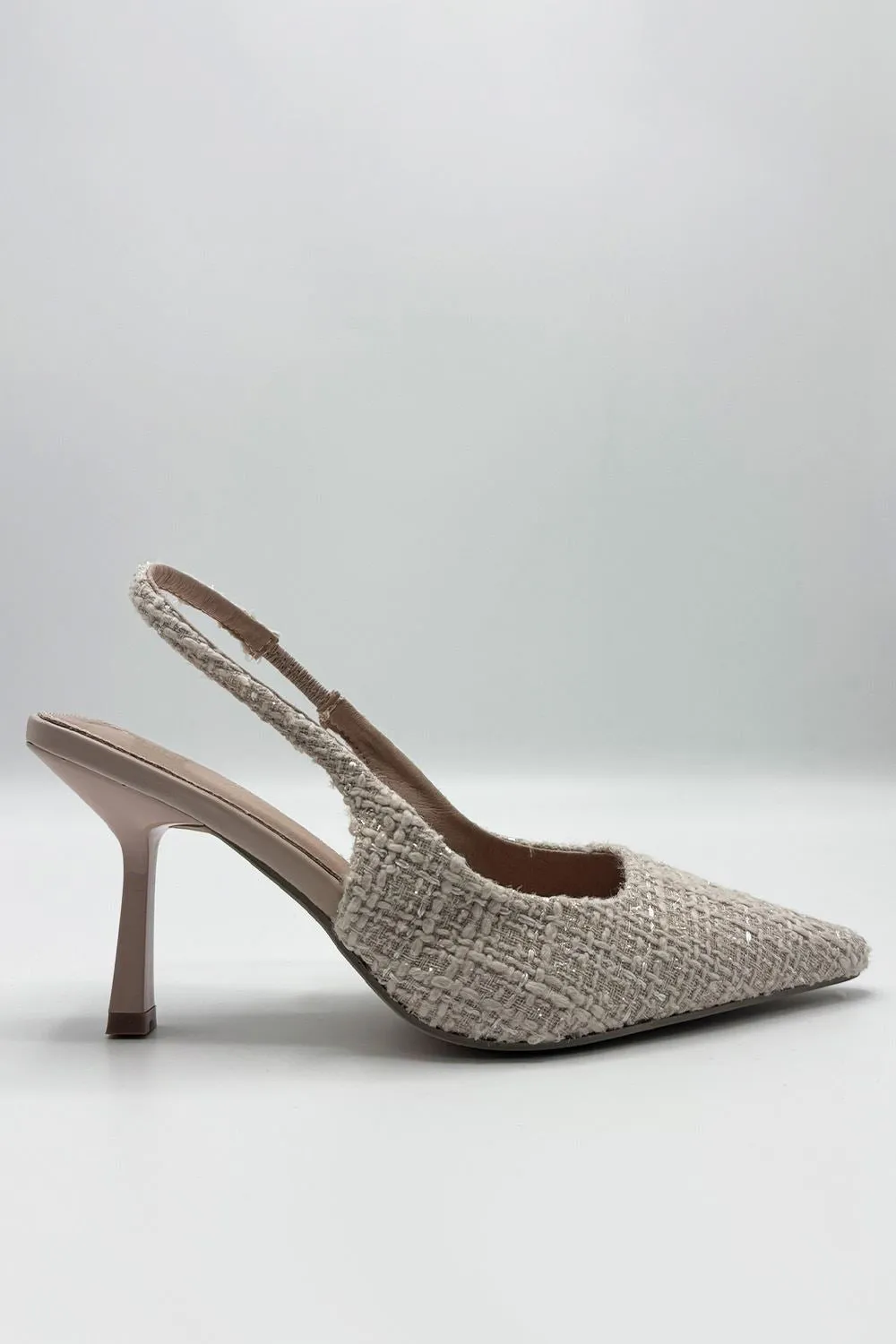 Cher Pointed Toe Tweed Sling back Court Shoe in Nude