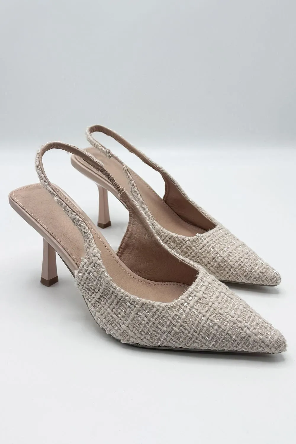 Cher Pointed Toe Tweed Sling back Court Shoe in Nude