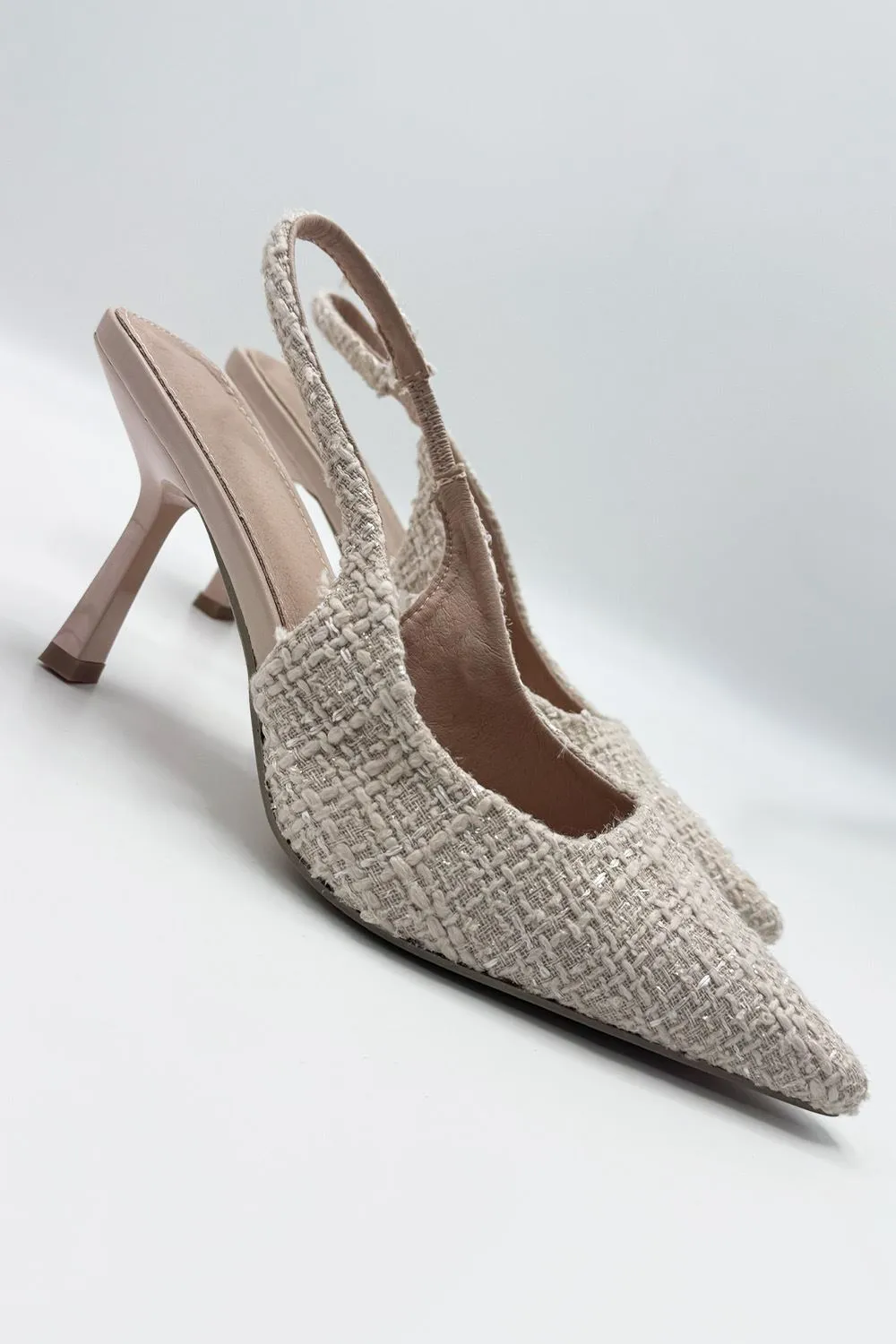 Cher Pointed Toe Tweed Sling back Court Shoe in Nude