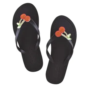 Cherry - Red Fruits Rhine Stone Embellished Women's Flat Flip Flops