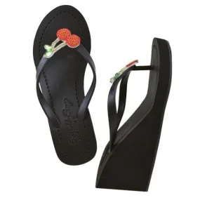 Cherry -Red Rhine Stone Embroidered Women's High Wedge Flip Flops Sandal