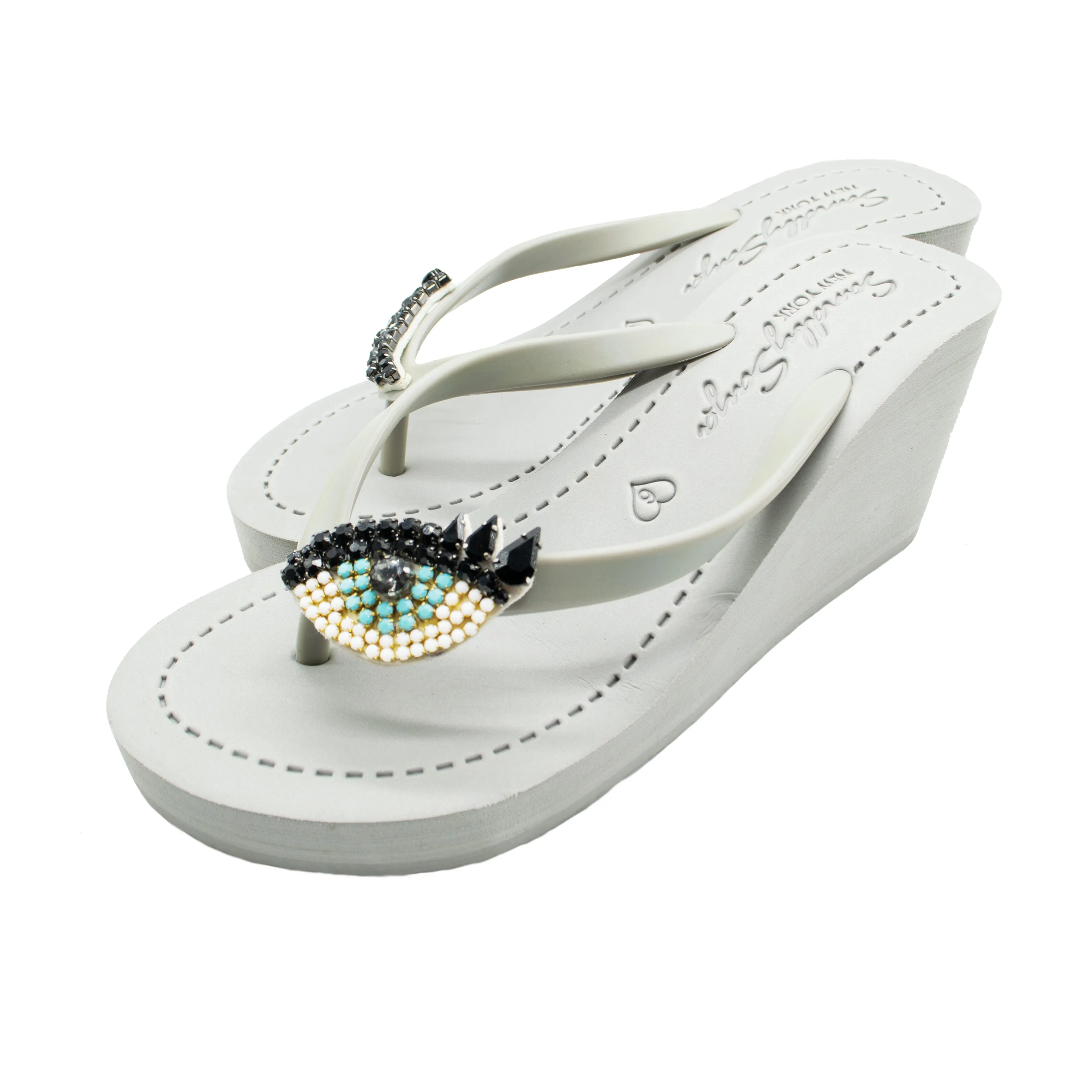 Eyes - Rhine Stone Embellished Women's High Wedge Flip Flops Sandal