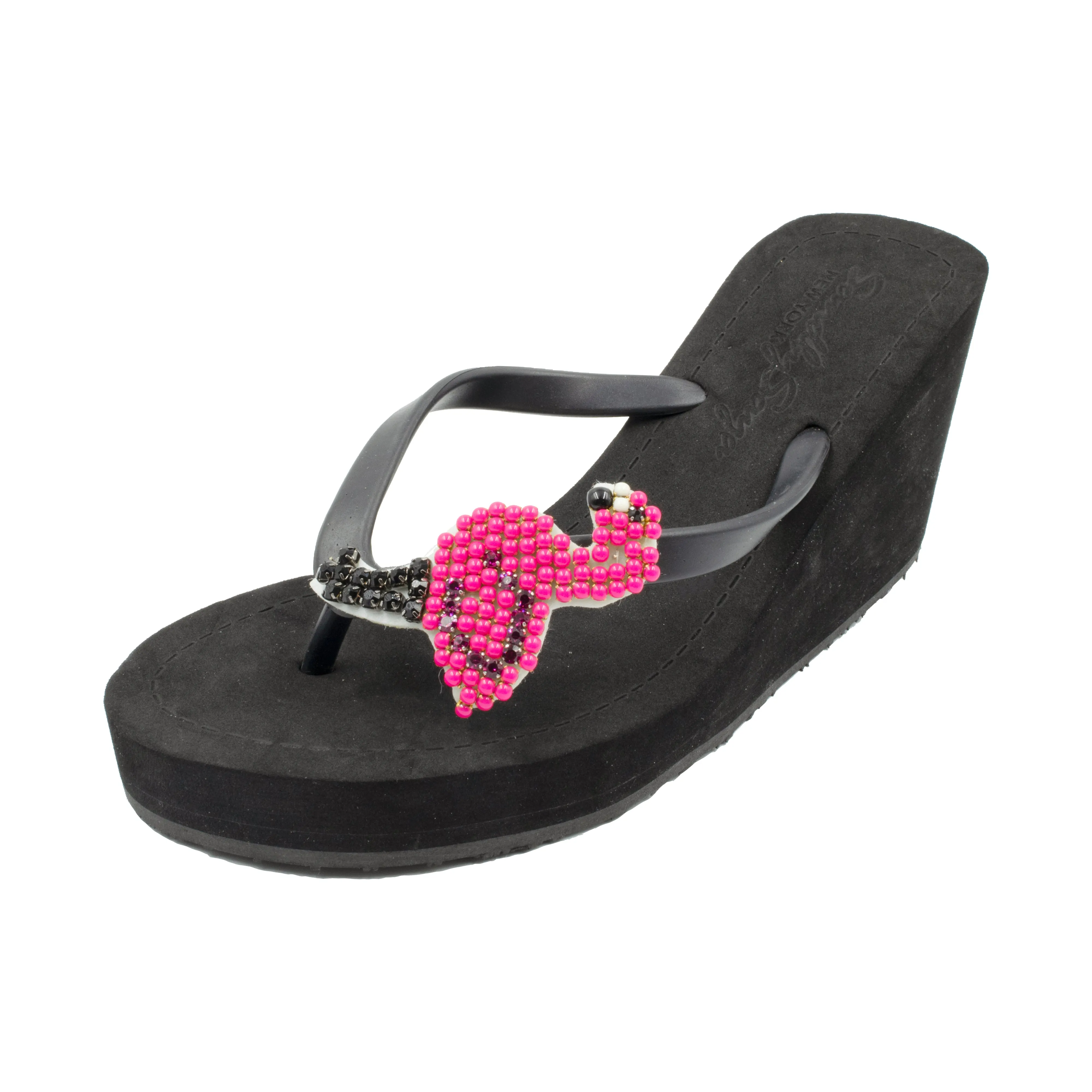 Flamingo - Pink Rhine Stone Embellished Women's High Wedge Flip Flops Sandal