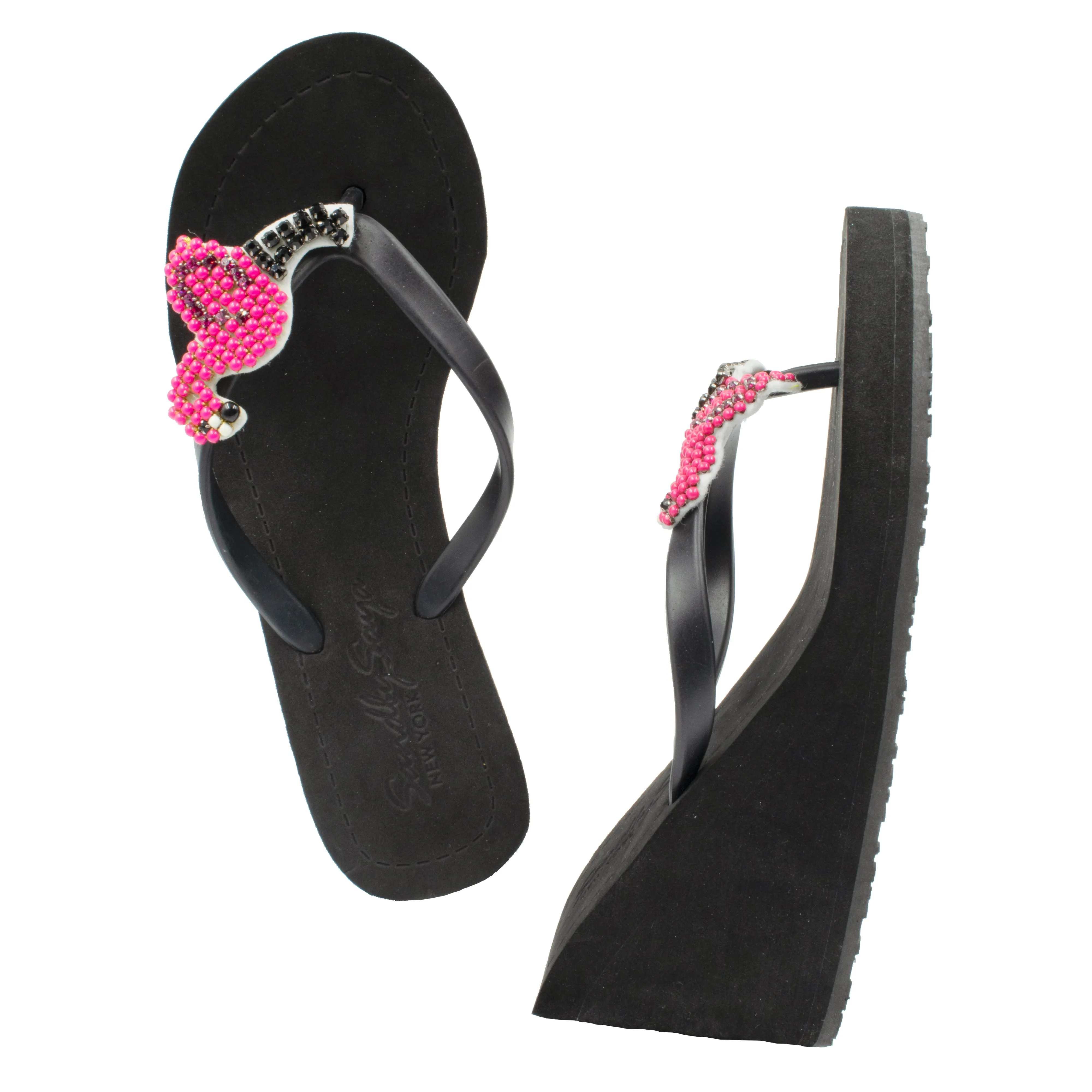 Flamingo - Pink Rhine Stone Embellished Women's High Wedge Flip Flops Sandal