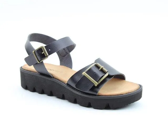 Heavenly Feet Ladies Trudy Buckle Wedge Open Toe Sandal-BLACK