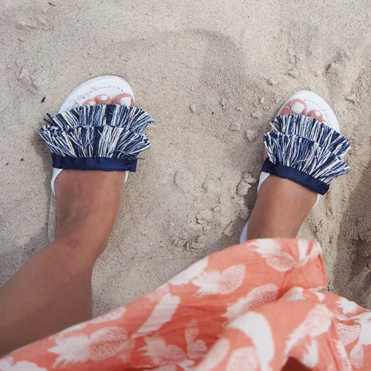 Irving - White and Blue Stripe Fringe Flat Flip Flops Sandals