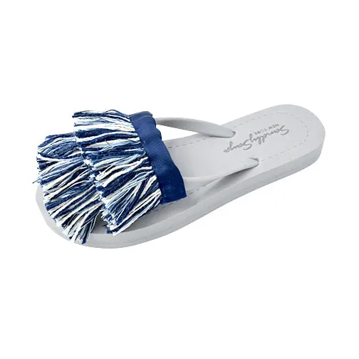 Irving - White and Blue Stripe Fringe Flat Flip Flops Sandals