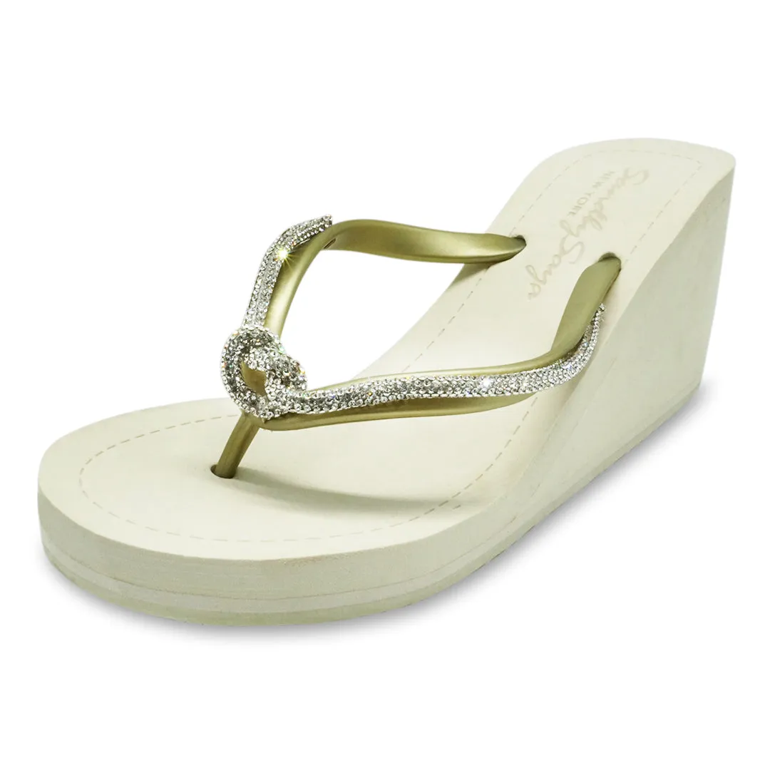 Knot_ Rhinestone Crystal Rope Embellished Women's High Wedge Flip Flops Sandal