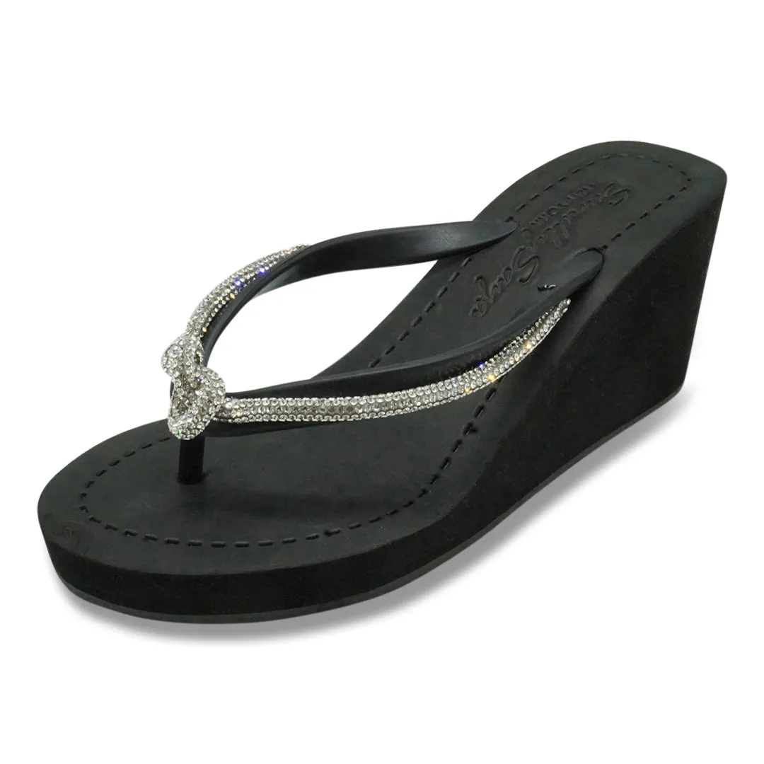 Knot_ Rhinestone Crystal Rope Embellished Women's High Wedge Flip Flops Sandal