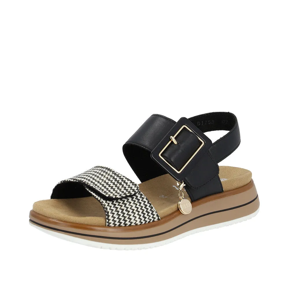 Ladies Remonte Sandal Black/Multi Leather Strap Oversized Buckle Elle D1J53-02 sale