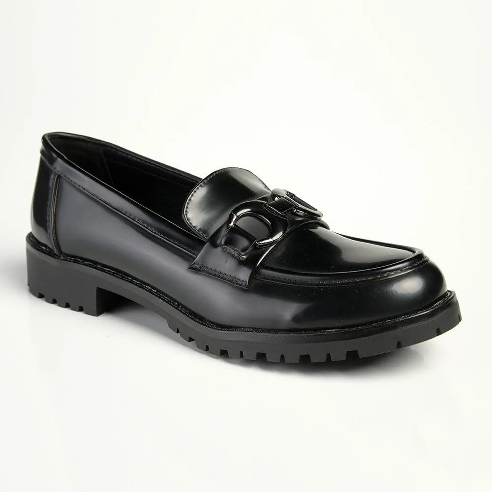 Madison Birdie Trim Cleated Ladies Slip On Loafers - Black