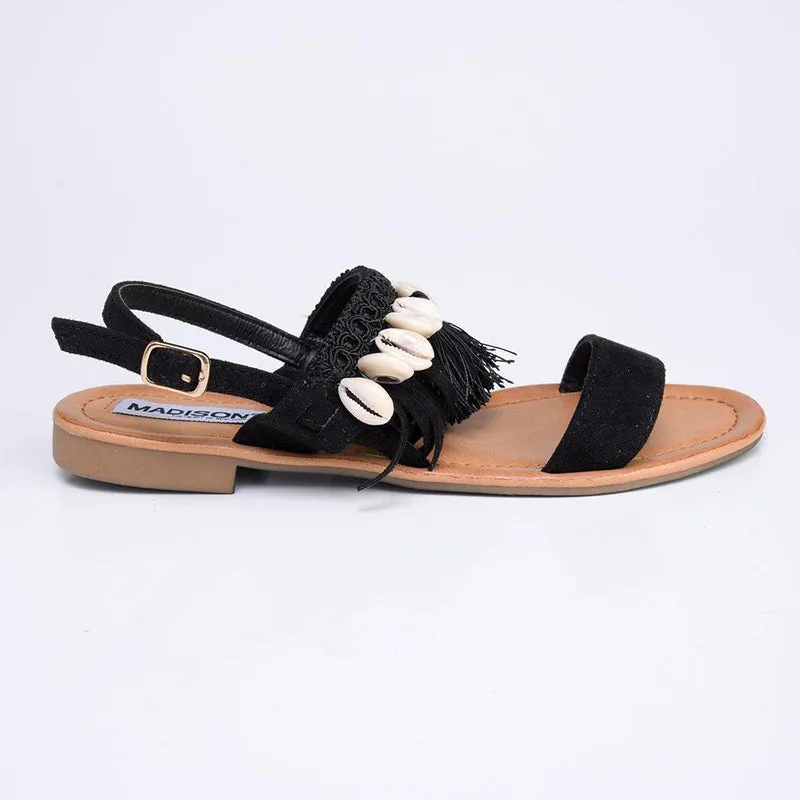 Madison Carter Fringe Sandals - Black