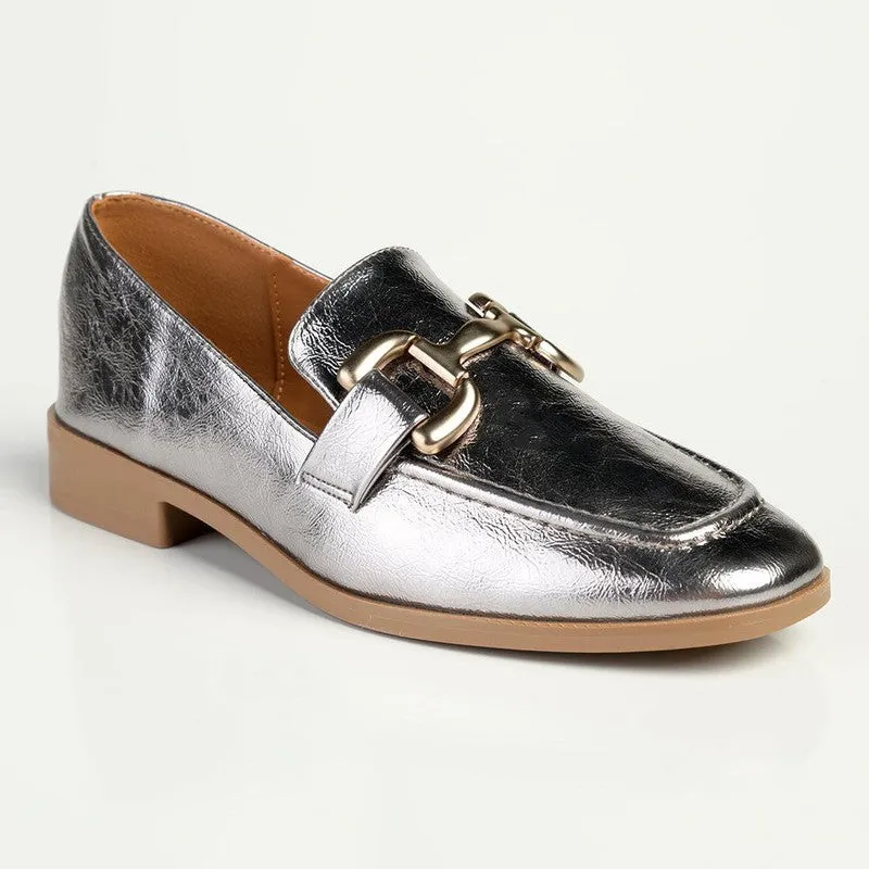 Madison Polly Loafer With Gold Metal Trim Detail - Pewter