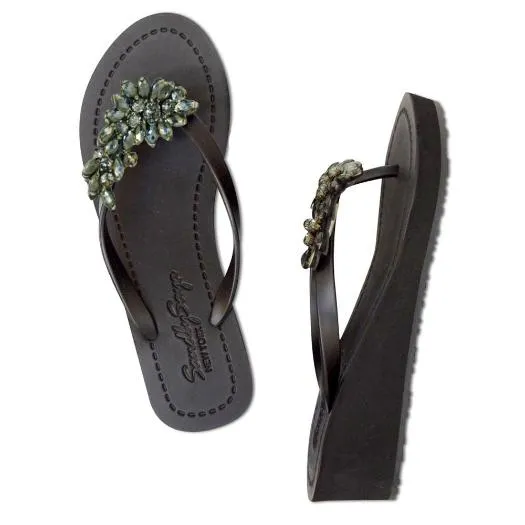 Manhattan Black - Crystal Stones Embellished Mid Wedge Flip Flops