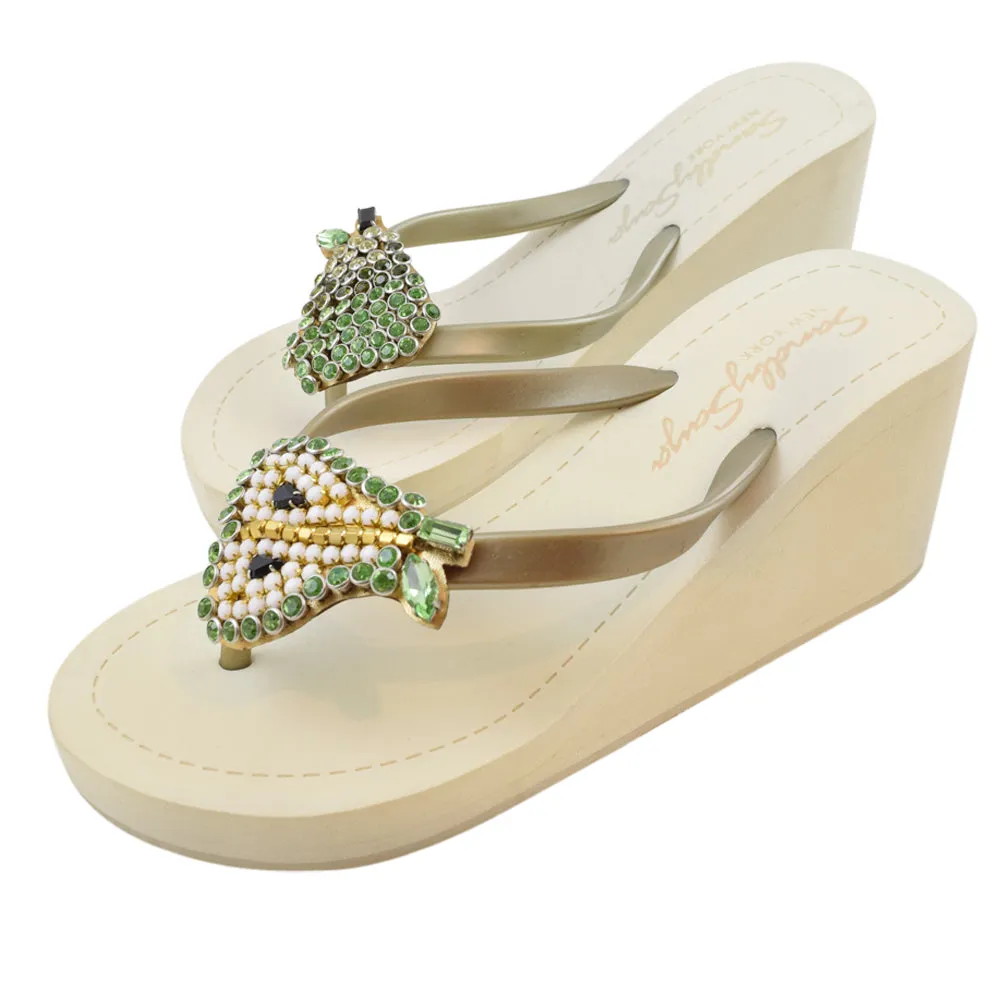 Pear - Green Rhine Stone Embellished Women's High Wedge heel Flip Flops Sandal