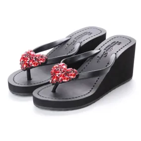 Red Heart - Rhine Stone Embellished Women's High Wedge Flip Flops Sandal