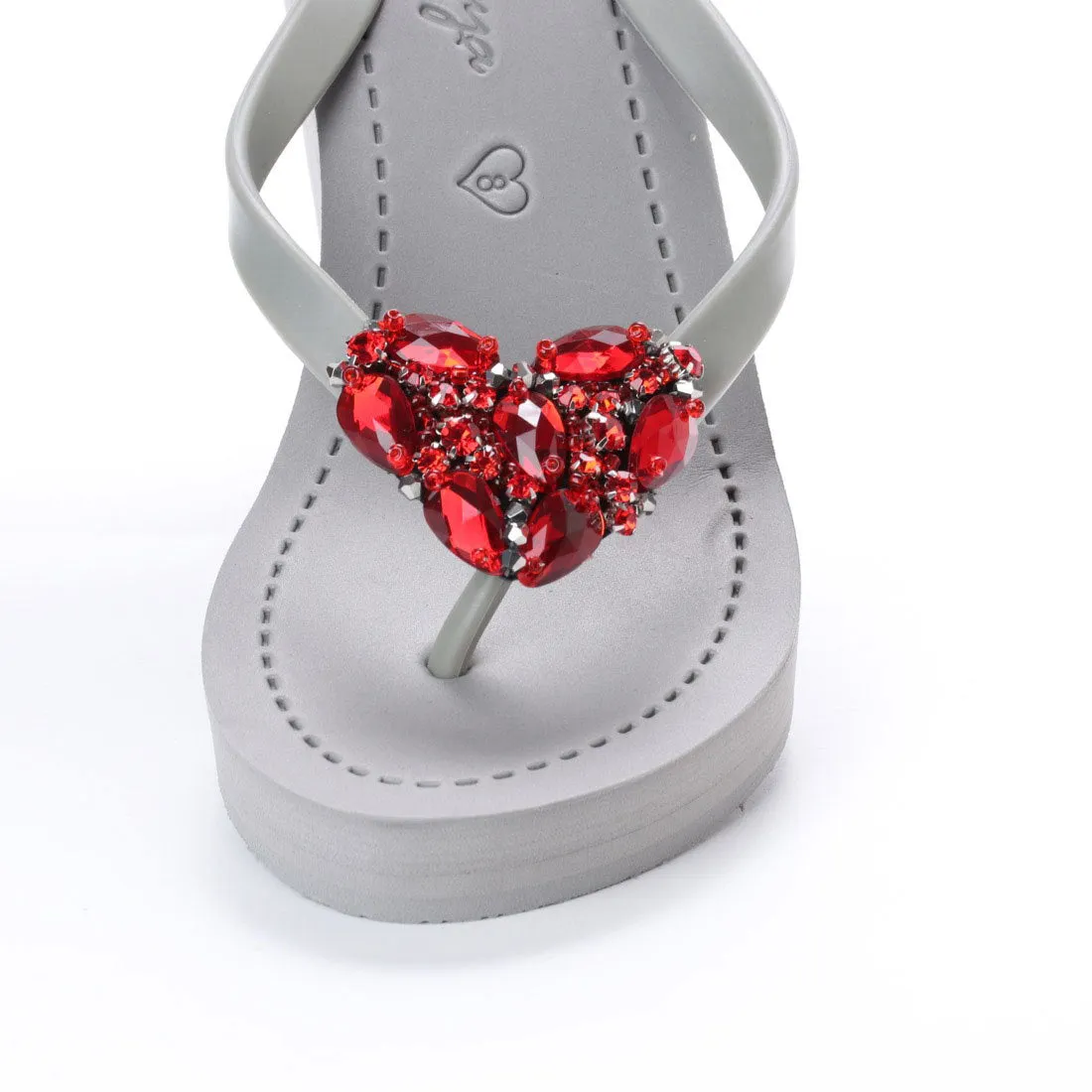 Red Heart - Rhine Stone Embellished Women's High Wedge Flip Flops Sandal