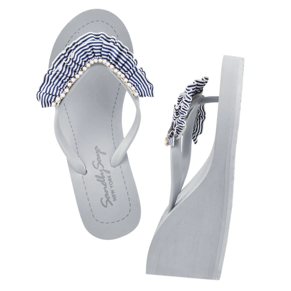 Rockaway Stripe - Marine Blue and white Rhine Stone Embellished Women's High Wedge Flip Flops Sandal