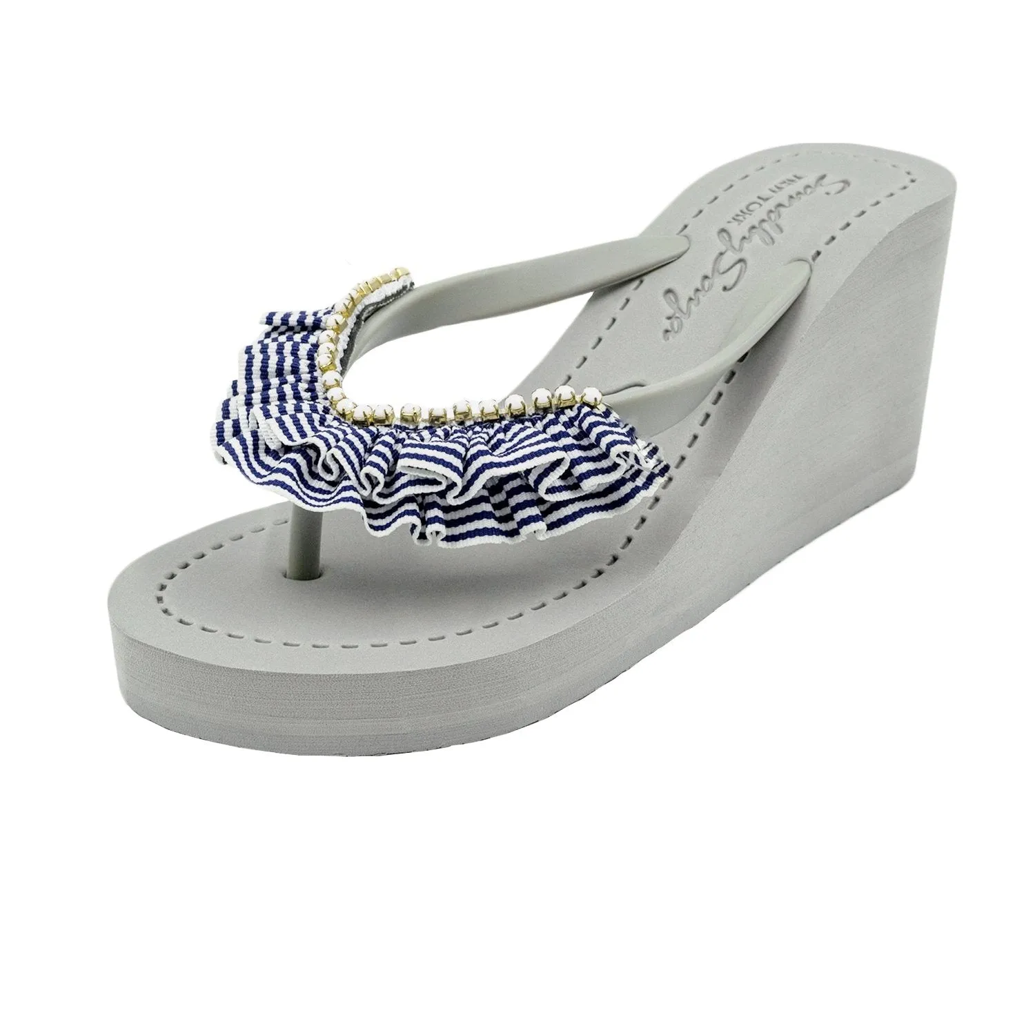 Rockaway Stripe - Marine Blue and white Rhine Stone Embellished Women's High Wedge Flip Flops Sandal