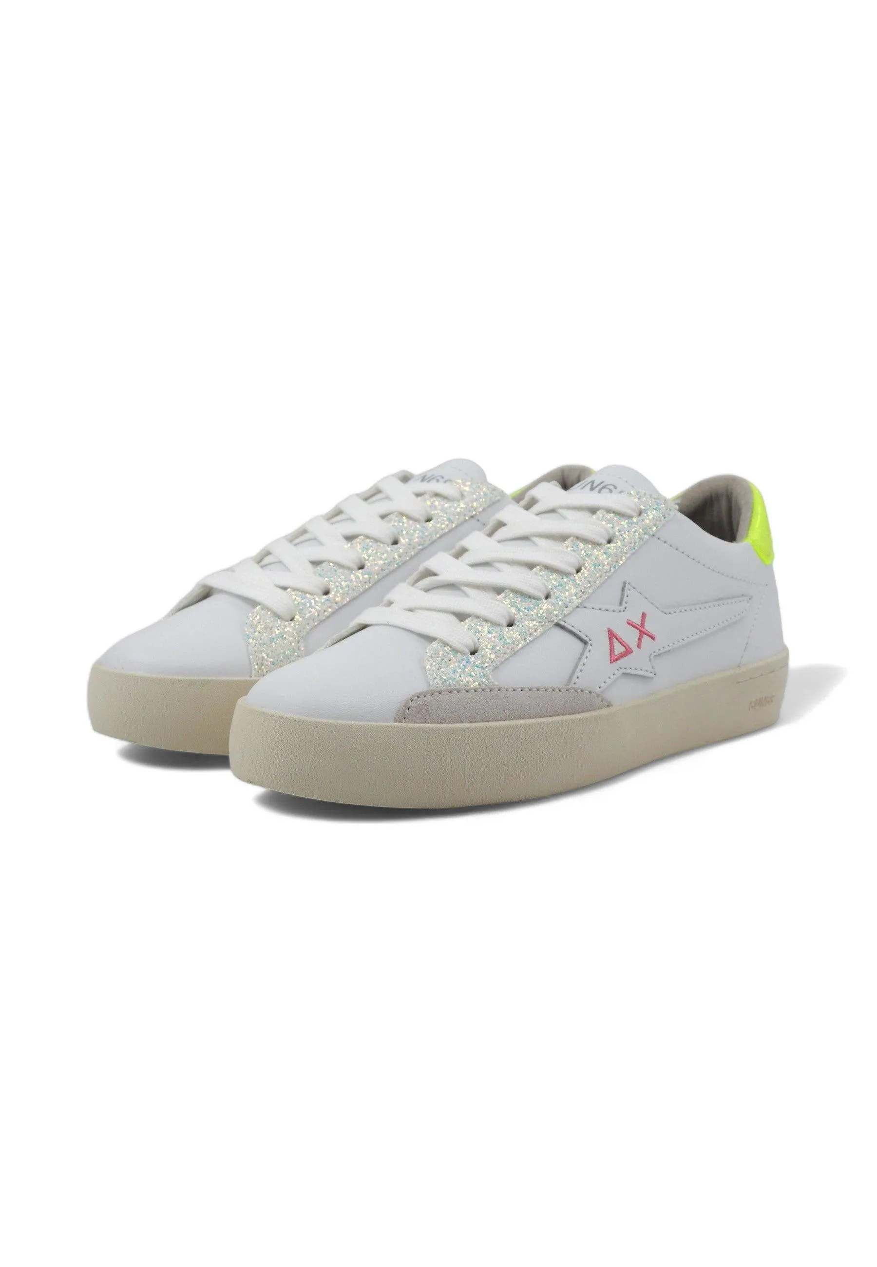 SUN68 Katy Leather Sneaker Donna Bianco Giallo Fluo Z34225