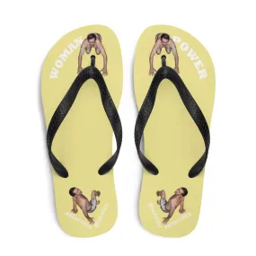 Woman Power Fabric Top Flip Flop Sandal Has Men Bow To Your Toes Pale Yellow Color with White Letters (NEW 2023-04)