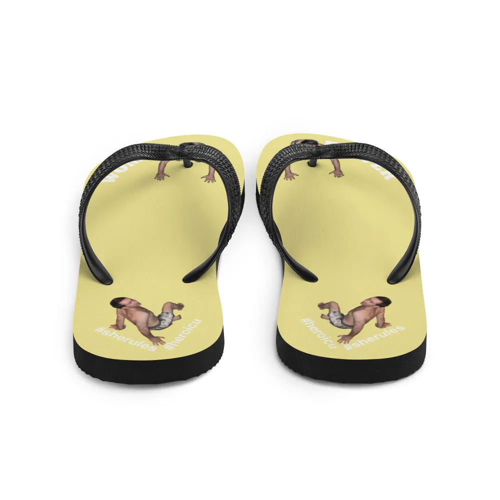 Woman Power Fabric Top Flip Flop Sandal Has Men Bow To Your Toes Pale Yellow Color with White Letters (NEW 2023-04)