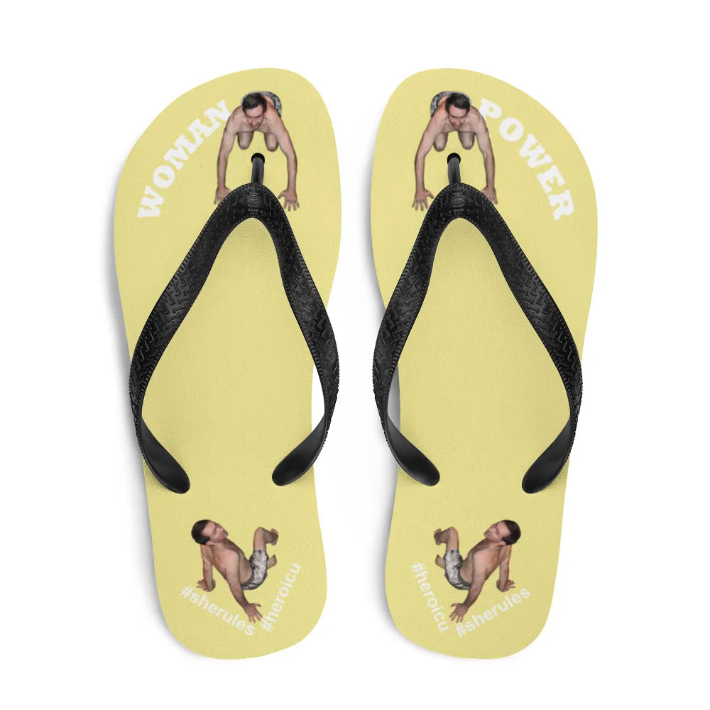 Woman Power Fabric Top Flip Flop Sandal Has Men Bow To Your Toes Pale Yellow Color with White Letters (NEW 2023-04)