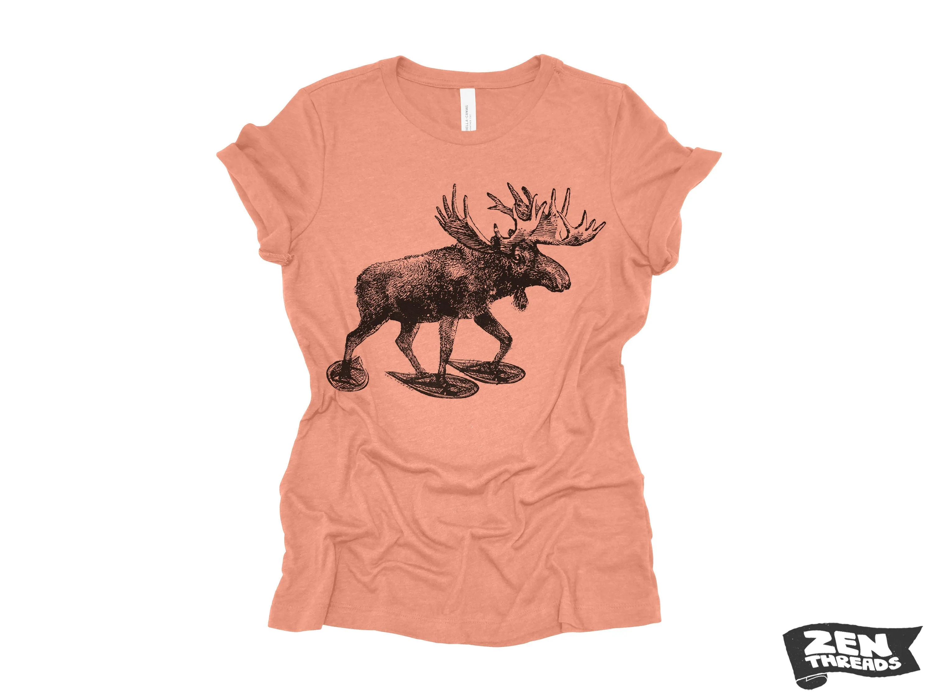 Womens MOOSE (in Snow Shoes) eco soft printed ladies relaxed crew tee nature lover outdoors animal elk deer antlers tee ladies hiking deer