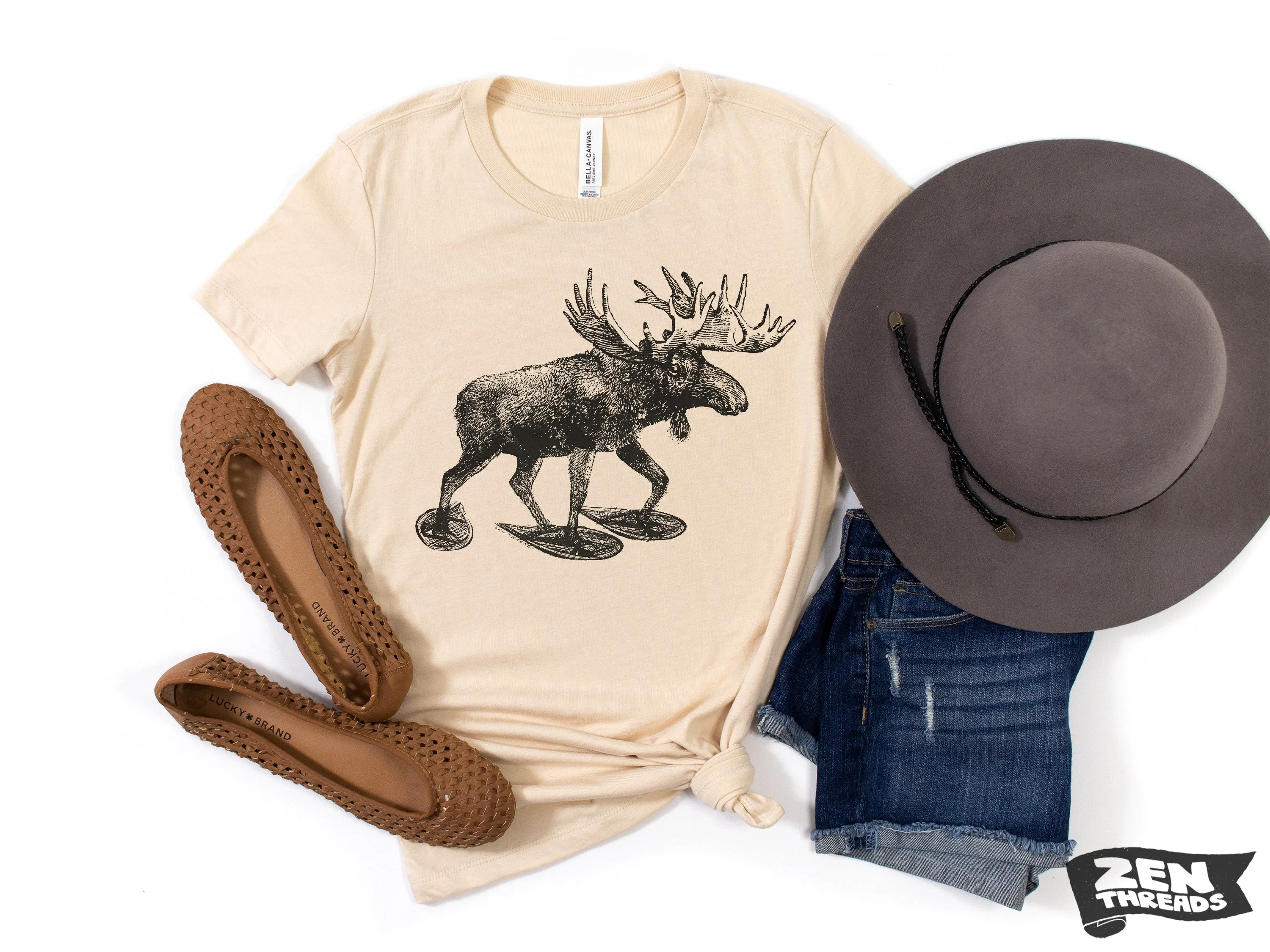 Womens MOOSE (in Snow Shoes) eco soft printed ladies relaxed crew tee nature lover outdoors animal elk deer antlers tee ladies hiking deer