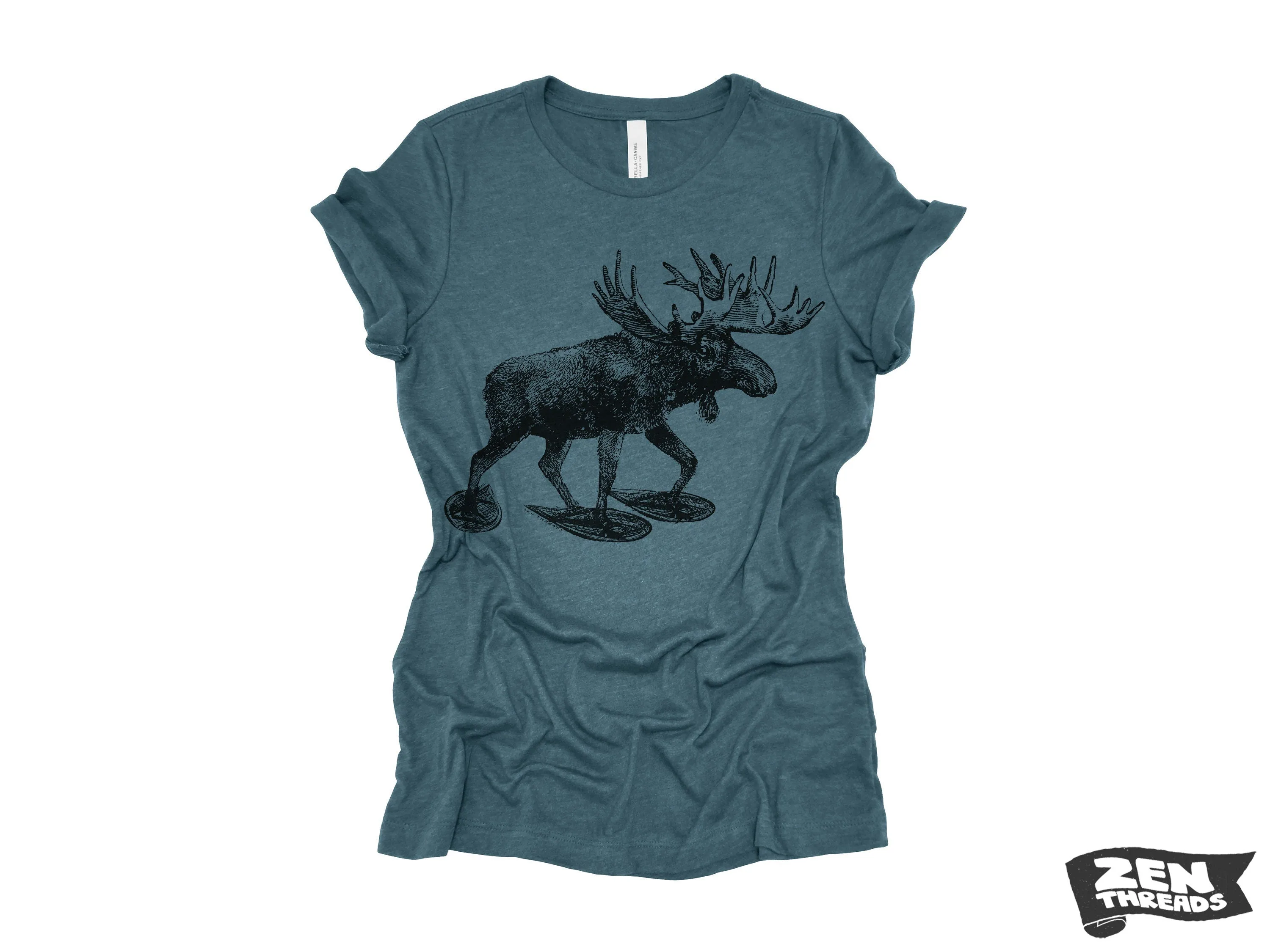 Womens MOOSE (in Snow Shoes) eco soft printed ladies relaxed crew tee nature lover outdoors animal elk deer antlers tee ladies hiking deer